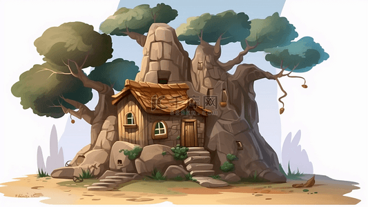 卡通房子天空石头大树背景