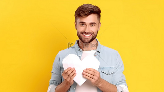 美国人背景图片_穿着白 T 恤的可爱美国人在黄色背景上展示了情人节纸质 3D 心，并有足够的文本空间