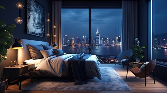 当代亚洲风格的卧室豪华单间公寓的 3D 渲染，可欣赏令人惊叹的夜景
