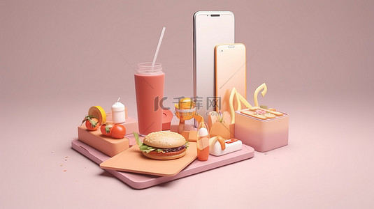 在线食品配送广告背景中带有食品和订购按钮的卡通风格电话的插图