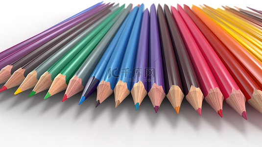 在白色背景下以 3d 渲染的充满活力的彩色铅笔