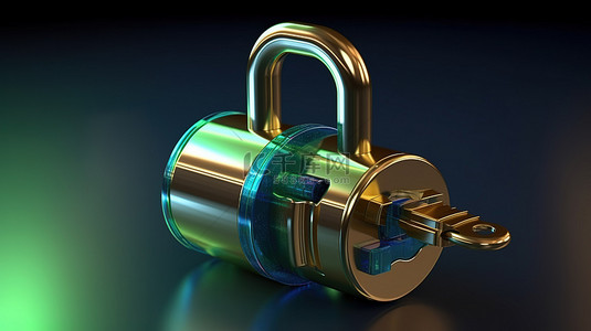 金属钥匙和蓝绿色锁的安全挂锁和钥匙 3D 渲染