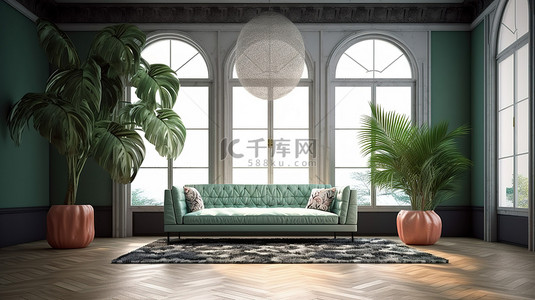 宽敞的热带 3D 渲染，显示一间没有家具的房间，配有充满活力的地毯和舒适的沙发