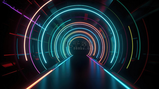 荧光荧光跑背景图片_在 3d 中呈现的抽象霓虹灯隧道