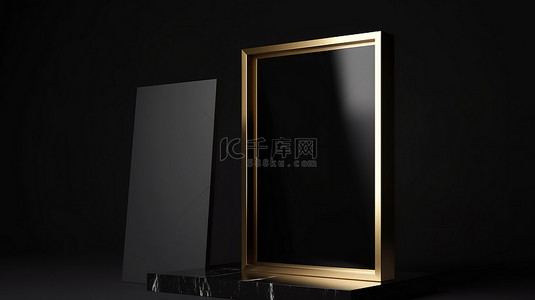 背景台灯背景图片_豪华极简主义样机金框纪念板在孤立的黑色基座上 3d 渲染