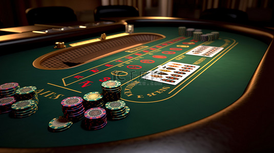 扑克牌桌子背景图片_以 3D 渲染方式展示筹码和纸牌的二十一点牌桌的详细视图