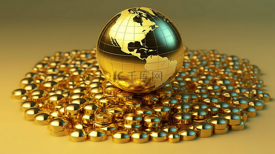 世俗财富地球的 3D 插图，装饰着一堆代表全球商业和金融概念的金币