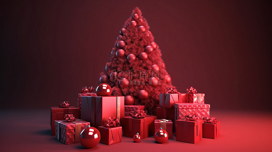 红色圣诞树的 3d 插图，带有礼品盒节日圣诞装饰品