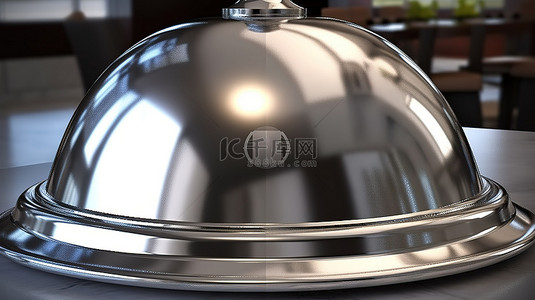 一个盘子上面有一个闪闪发光的银色餐厅圆顶 3d