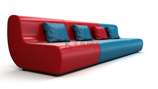 白色背景上红色和蓝色沙发的时尚 3D 渲染