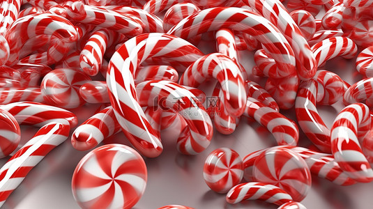 圣诞节纹理逼真的条纹糖果手杖的 3D 渲染