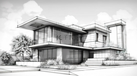 家庭立面建筑草图的复杂 3D 插图
