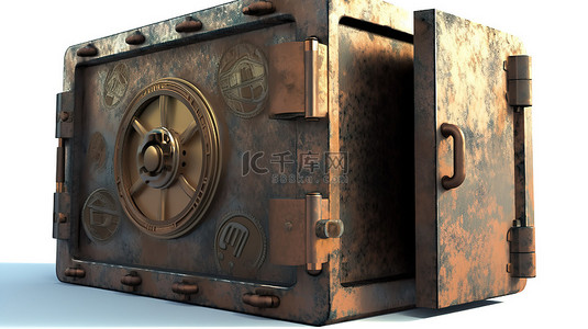 复古金属背景图片_金色比特币在白色背景下的 3D 渲染复古金属保险箱上闪烁