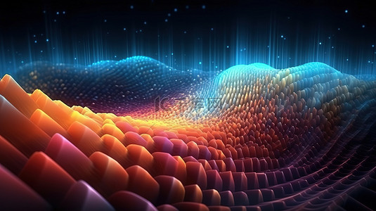 3D 渲染的数字动态波抽象背景与空间中移动的点未来技术的愿景