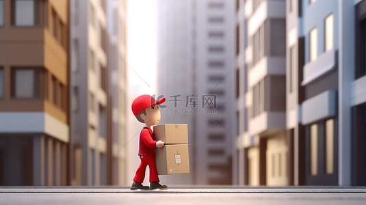 一个 3D 渲染的角色，穿着红色背心，携带一个搬到新公寓或办公室的盒子