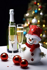 两个人拿着雪人圣诞树喝香槟的图片