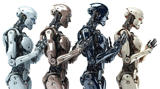 电脑安卓苹果背景图片_白色背景展示了一系列深度思考 3d 渲染的人工智能机器人或机器人
