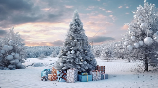 森林雪景卡通背景图片_森林仙境圣诞树，雪景上有礼物，以 3D 呈现