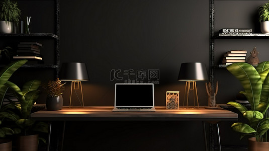 桌面空间背景图片_时尚的现代工作区，配有笔记本电脑模型和桌面 3D 渲染创意空间