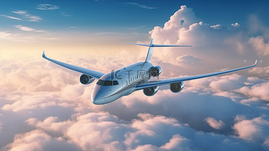 私人飞机在戏剧性的云层中翱翔的 3D 渲染