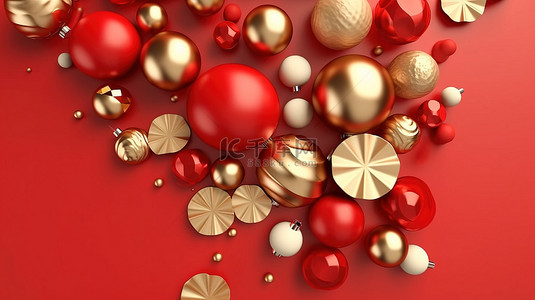 假日主题背景图片_假日主题抽象平躺红色和金色装饰 3D
