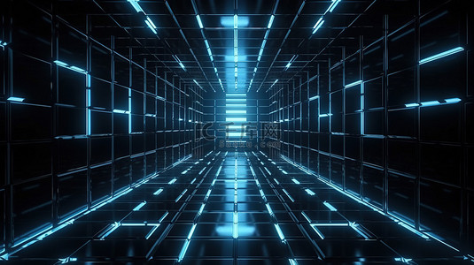 蓝色多边形几何背景图片_蓝色光束光隧道墙或地板设计在现代未来派暗方网格 3d 渲染中