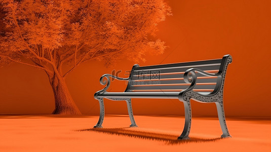 充满活力的橙色背景下单色公园长椅的 3D 渲染