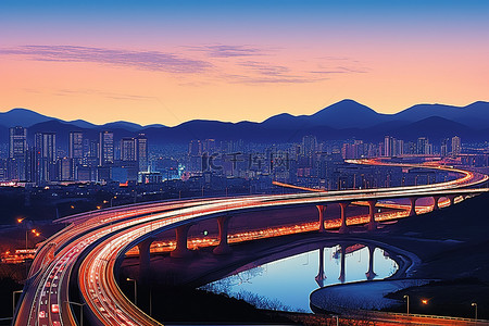 韩国城市桥梁和山脉的暮色