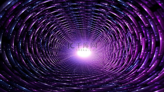 具有动态线框隧道和波浪设计 3D 渲染的未来粒子流深紫色虫洞
