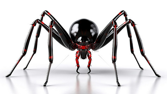 昆虫插图背景图片_恐怖风格的黑蜘蛛 3D 插图，具有红色皮肤细节和白色背景，非常适合万圣节蜘蛛和昆虫主题
