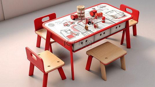 幼儿园背景图片_单色红色儿童绘画桌的等距 3D 渲染，非常适合幼儿园家具