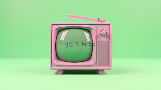 绿色格背景图片_复古风格的绿色电视，在俏皮的粉红色背景上具有 3D 渲染