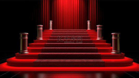 红带背景图片_带有楼梯路径障碍的高平台和带投影灯的发光红地毯的 3D 渲染