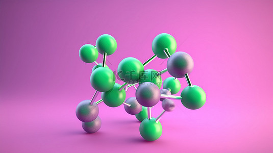 绿色医疗元素背景图片_紫色背景下粉色和绿色分子模型的 3D 渲染