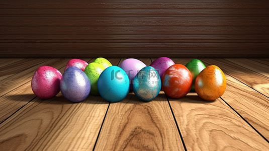 木器背景图片_木制背景上复活节彩蛋的说明性 3D 渲染