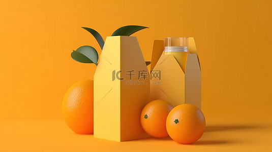 橙色背景上带有牛奶和果汁盖的单色纸盒的 3D 渲染