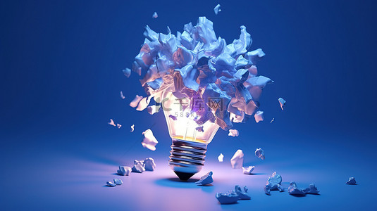 创新解决方案：灯泡在蓝色背景下爆炸的 3D 渲染，代表创造性思维