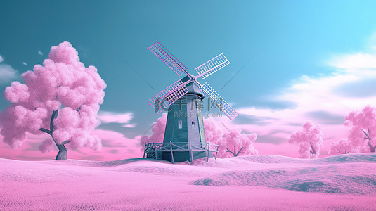 粉色背景放大了双色调风格老蓝色风车农场3D渲染的经典魅力