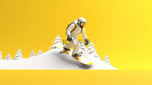 充满活力的黄色背景下白色滑雪板的 3D 渲染