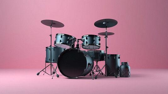 粉红色背景上黑色鼓套件模型的 3D 渲染