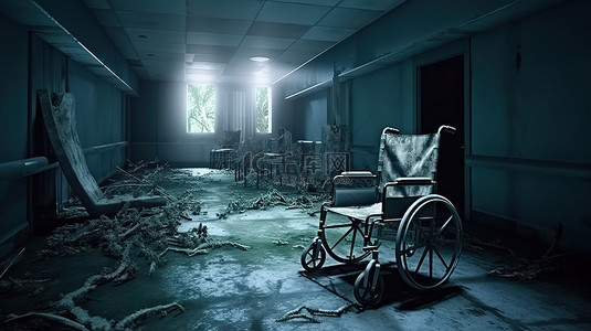 令人毛骨悚然的医院病房，配有轮椅，恐怖的 3D 插图
