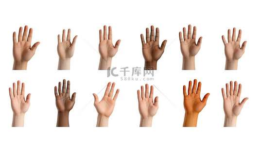 卡通手势一组在白色背景 3D 渲染插图上显示各种表情的手
