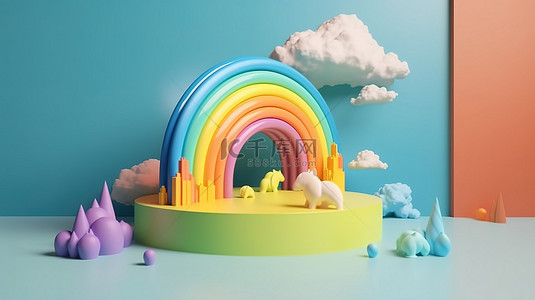 彩色旅行背景图片_充满活力的暑假讲台展示与彩色元素云和彩虹的 3D 渲染