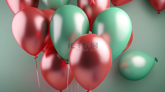 3D 渲染的绿色和红色节日气球照亮背景