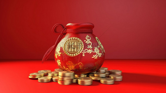 3D 渲染一个装满金币的红色袋子，非常适合中国节日和庆祝活动