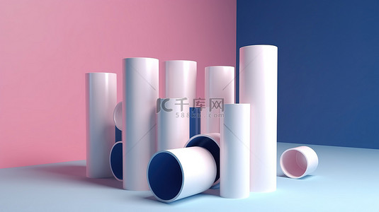 简约的当代艺术蓝色圆柱体和超现实 3D 渲染中的白色腿，在粉红色背景上隔离几何概念