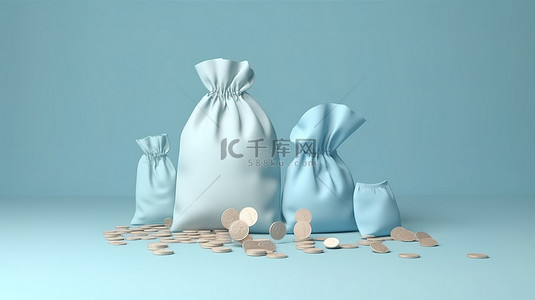 金融储蓄背景图片_光滑的 3d 金融储蓄袋，在柔和的蓝色柔和背景上带有硬币和钞票现代极简主义渲染