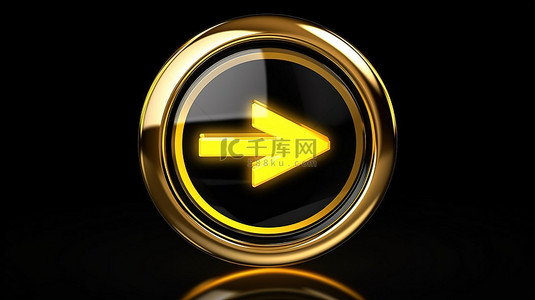 光滑的黄色框架媒体按钮的 3D 插图，具有光泽的光泽和位于黑色背景上的反光效果