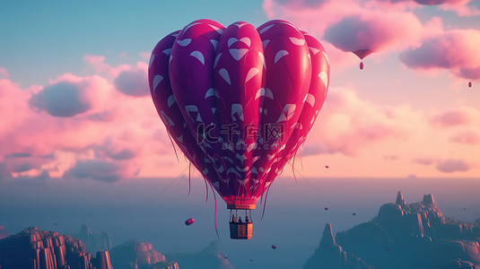 爱在 3D 渲染插图中飞行心形热气球