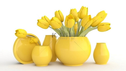 黄色花瓶中阳光亲吻的郁金香的充满活力的 3D 渲染